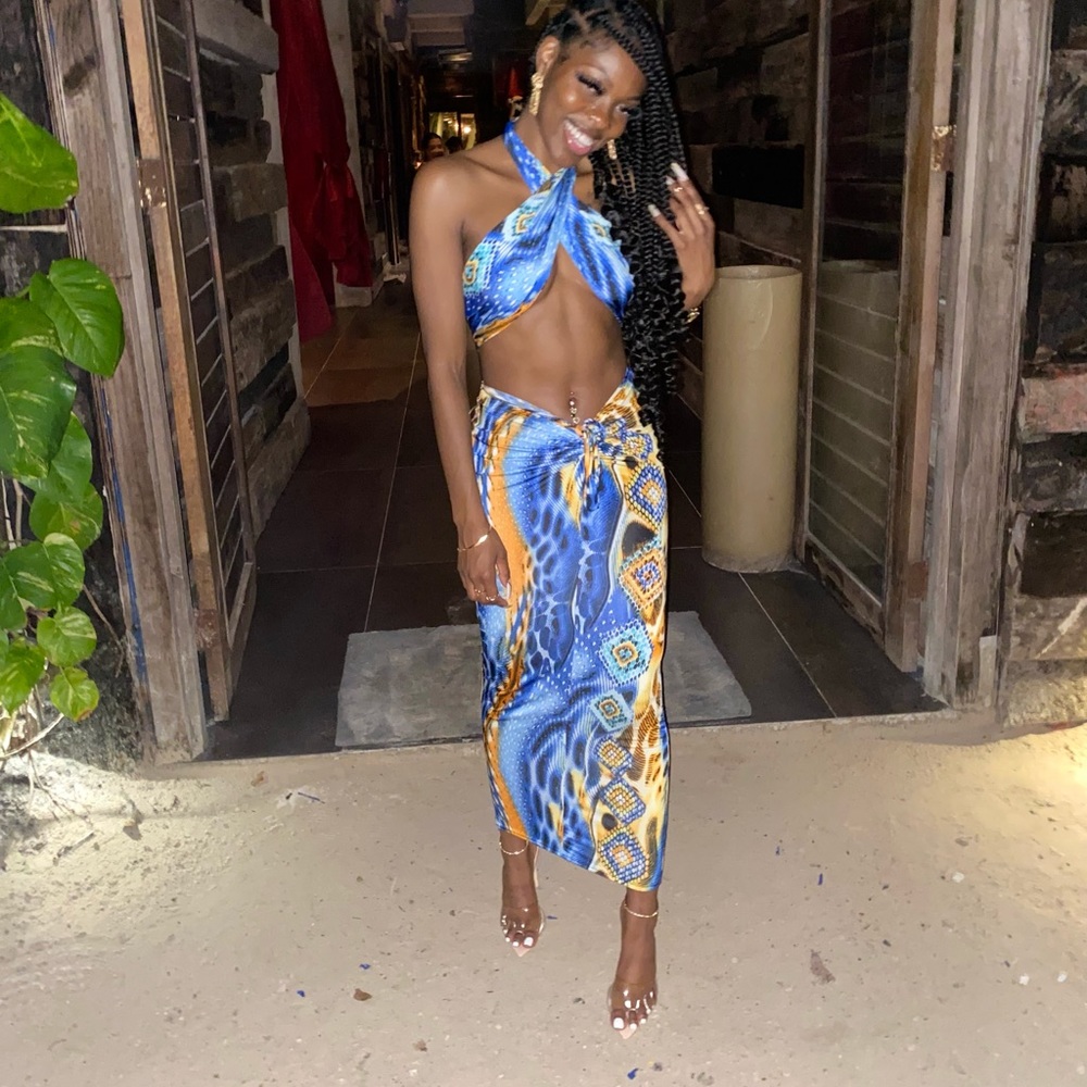 Blue Snake Print Wrap Skirt Set
